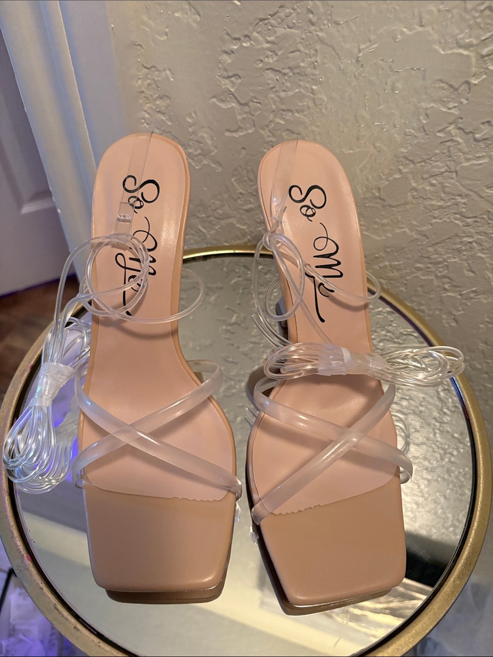 So Me Clear Strap Square-Toe Heeled Sandals in Nude